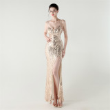 Low Back Sequin Evening Dress High Slit Slim Dinner Party Gown