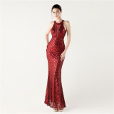 Halter Neck High Neck Hollow Fishtail Sequin Evening Dress Formal Party Gown