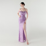 Sexy Low Back Fishtail Sequin Evening Dress Beaded Slim Dinner Gown