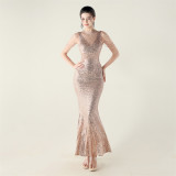 High Neck Fishtail Sequin Crystal Evening Dress Wedding Formal Party Gown