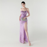 Sexy Low Back Fishtail Sequin Evening Dress Beaded Slim Dinner Gown