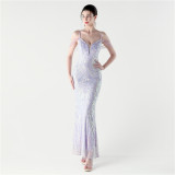 Sequin Beaded Fishtail Evening Dress Deep V Neck Formal Party Gown