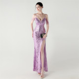 Low Back Sequin Evening Dress High Slit Slim Dinner Party Gown