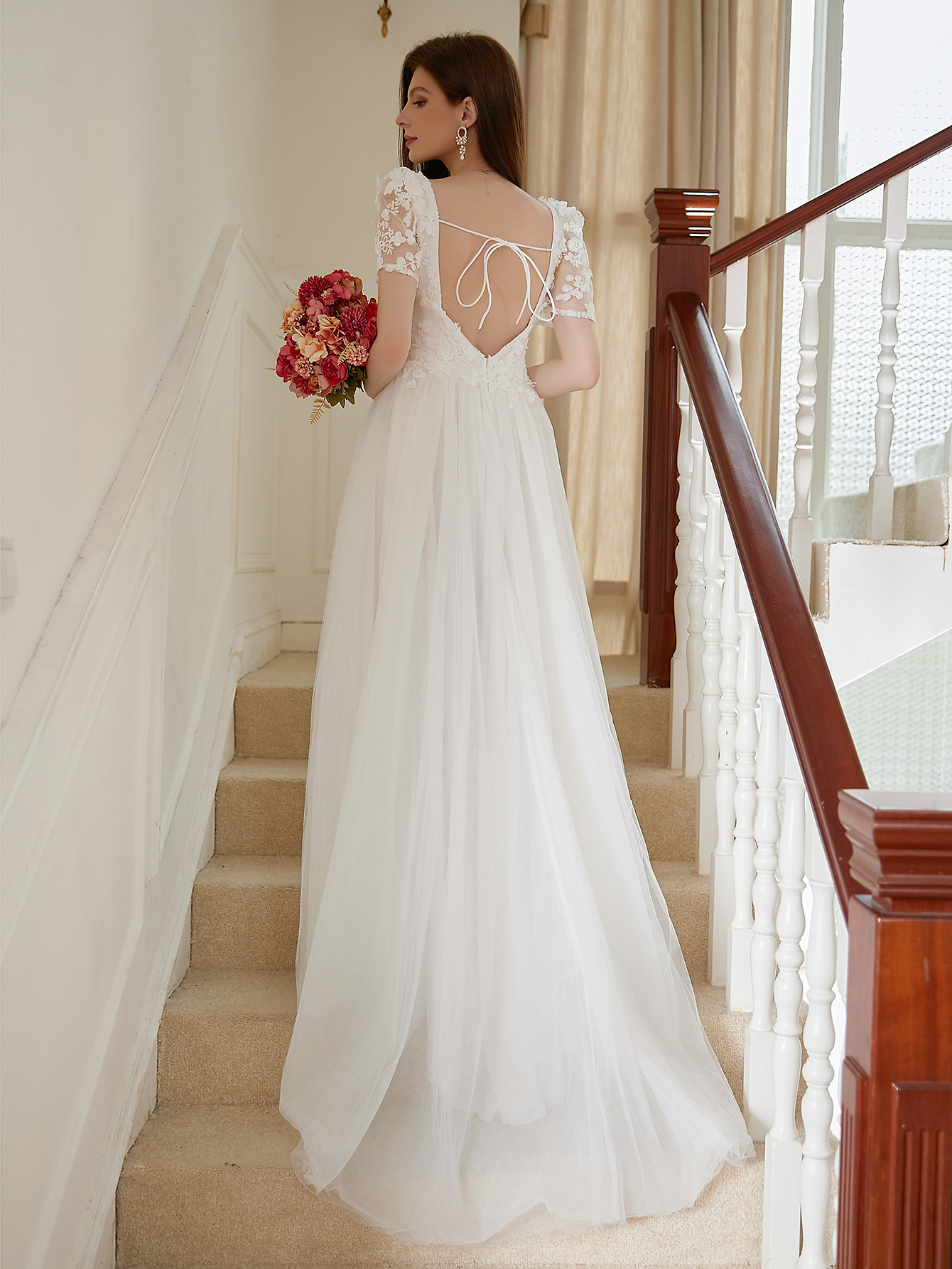 White Lace Patchwork Wedding Dress Long Formal Party Gown