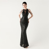 Sequin Fishtail Evening Dress Beaded Chain Formal Gown