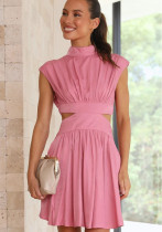 Solid Color Summer Dress Slim Waist Stand Collar Short Gown