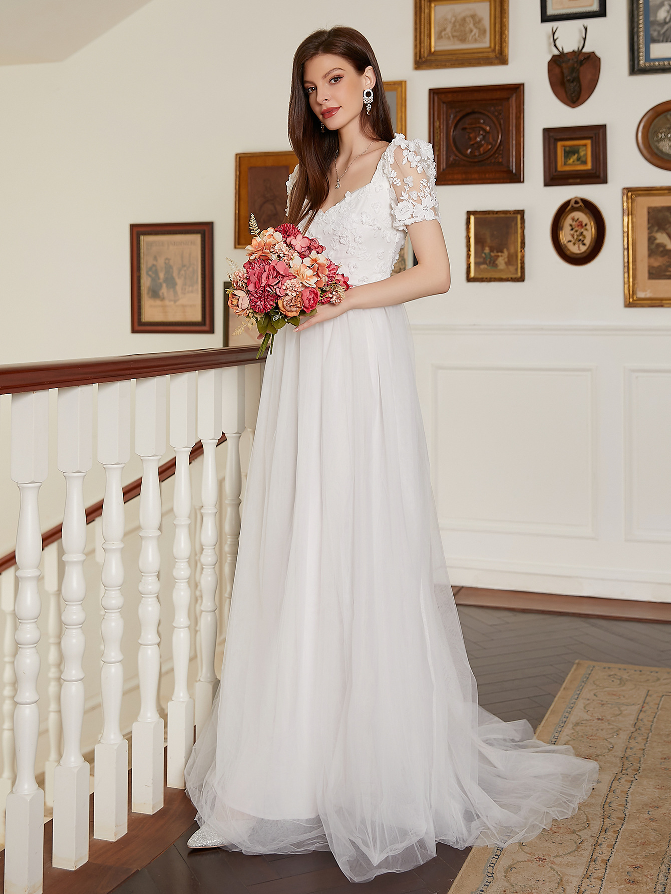 White Lace Patchwork Wedding Dress Long Formal Party Gown