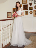 White Lace Patchwork Wedding Dress Long Formal Party Gown