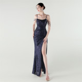 Sexy Low Back Fishtail Sequin Evening Dress Beaded Slim Dinner Gown