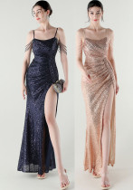 Sexy Low Back Fishtail Sequin Evening Dress Beaded Slim Dinner Gown