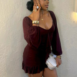 Loose Pleated U Neck Low Back Long Sleeve Dress Casual Comfort
