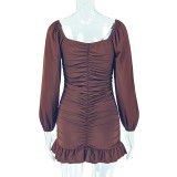 Loose Pleated U Neck Low Back Long Sleeve Dress Casual Comfort