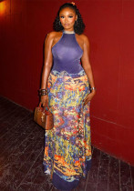 Printed High Collar Slim Waist Midi Pleated Dress