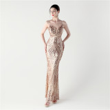 Sequin Beaded Fishtail Evening Dress Deep V Neck Formal Party Gown