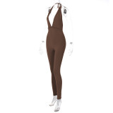 Summer V-neck Halter Neck Sexy Low Back Sports Slim Jumpsuit Women