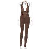 Summer V-neck Halter Neck Sexy Low Back Sports Slim Jumpsuit Women