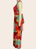 Chic V Neck Printed Lace Casual Summer Midi Dress