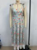 Floral Slim Waist Strap Dress Summer Holiday Long Gown