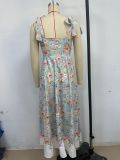 Floral Slim Waist Strap Dress Summer Holiday Long Gown