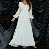 Women Solid Long Sleeve V-Neck Chiffon Formal Party Dress