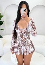 Women Summer Sexy Printed Ruffled Collar Lace-Up Mesh Dress