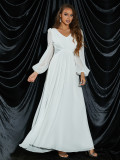 Women Solid Long Sleeve V-Neck Chiffon Formal Party Dress