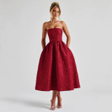 Women Strapless Spring Summer Jacquard Sleeveless Backless Lace-up Evening Dress