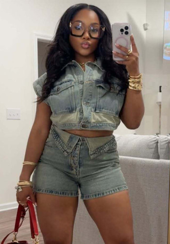 Women Casual Stretchy Denim Top and Shorts Two-Piece Set