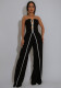 Women Sexy Strapless Metal Button Sleeveless Wide Leg Pants