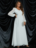 Women Solid Long Sleeve V-Neck Chiffon Formal Party Dress
