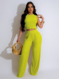 Casual High Stretch Ribbed Sleeveless Tank Top Wide Leg Pants Two Piece Set