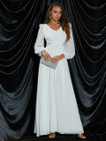 Women Solid Long Sleeve V-Neck Chiffon Formal Party Dress
