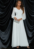 Women Solid Long Sleeve V-Neck Chiffon Formal Party Dress