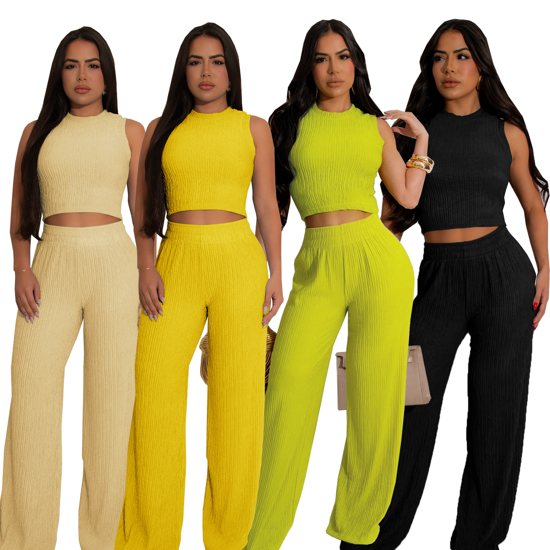 Casual High Stretch Ribbed Sleeveless Tank Top Wide Leg Pants Two Piece Set