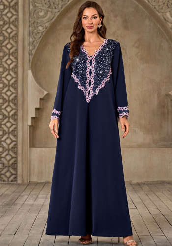 Women Arab V-Neck Beaded Robe Dress