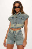 Women Casual Stretchy Denim Top and Shorts Two-Piece Set