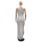 Women Sequin V Neck Halter Neck Sexy Backless Bodycon Maxi Dress