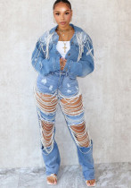 Women Summer Ripped Heavy Beaded Stretchy Denim Pants and Jacket Two-Piece Set Women Summer Ripped Heavy Beaded Stretchy Denim Pants and Jacket Two-Piece Set
