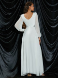 Women Solid Long Sleeve V-Neck Chiffon Formal Party Dress