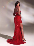 Women Elegant Sexy Strapless Slit Dinner Dance Maxi Dress