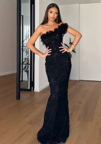 Women Sexy Slash Shoulder Floral Beaded Dress