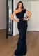 Women Sexy Slash Shoulder Floral Beaded Dress