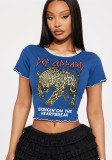 Women summer leopard print Letter print lace neckline Crop T-shirt