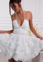 Women French Sexy Lace-Up Halter Neck White Dress Women French Sexy Lace-Up Halter Neck White Dress