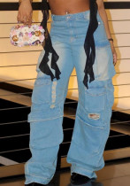 Women's Fashion Street Trendy Cut Straight-Leg Loose Denim Multi-Pocket Trousers