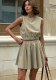 Round Neck Vest & Pleated Skirt Set Spring Summer Linen Comfortable Casual Short Skirt Set for Women
