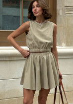 Round Neck Vest & Pleated Skirt Set Spring Summer Linen Comfortable Casual Short Skirt Set for Women