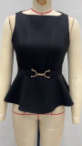 Women's Summer Professional Chic Round Neck Sleeveless Lace Slim Waist Puff Sleeve Top