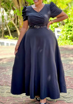 Elegant V-Neck Short Sleeve Solid Color High-Waist Swing Long Dress