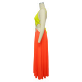Women's Solid Color Sexy Low-Back High-Slit Contrast Dress